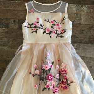 floral embroidered, empire waist, mini dress
